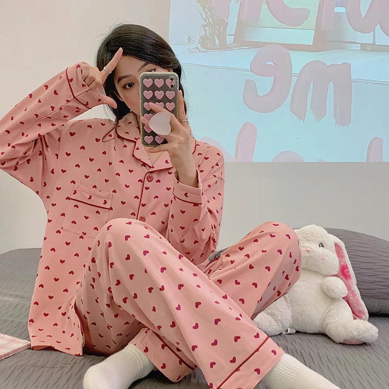 Purple Heart Sweet Style Women's Sleepwear Long Sleeve Home Clothes Spring Autumn High Sensation Dormitory Outdoor Wear Set