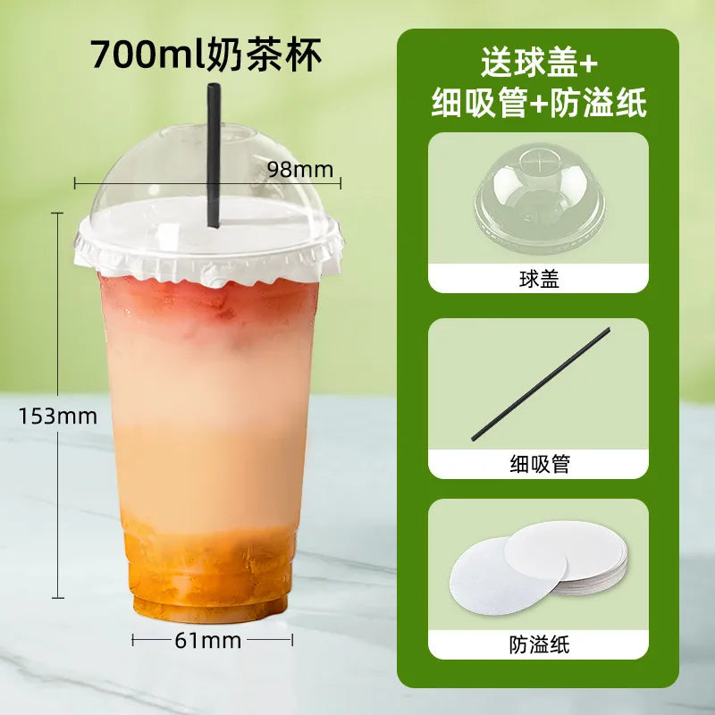 in stock wholesale disposable cup milk tea batch with lid thickened transparent plastic cup stall store packing cup