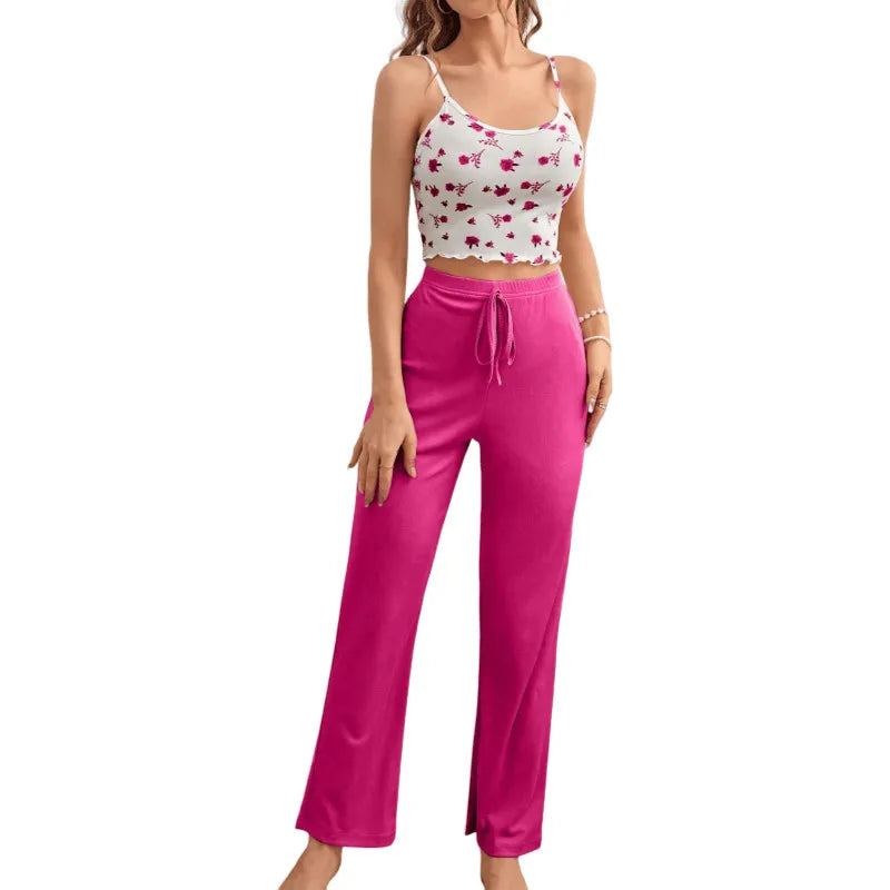 Ladies Casual Comfortable Floral Print Sleepwear Set Long Pants Outwear Suitable Home Hotel Bathing Outdoor Polyester Knitted Wear