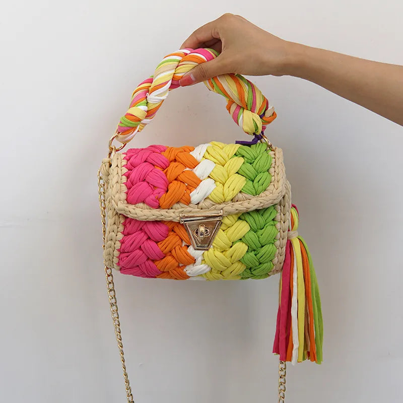 women's polyester color block elegant ethnic style square lock clasp handbag