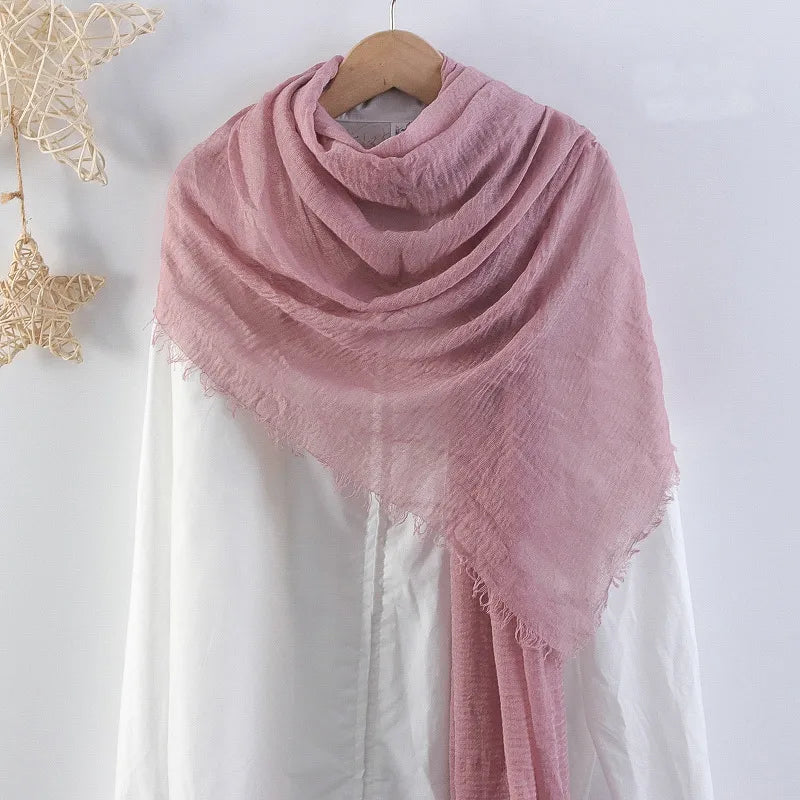 Hot selling solid color pleated cotton and linen scarf  women's bag headscarf crumpled hair fringe bubble scarf women's scarf cover head