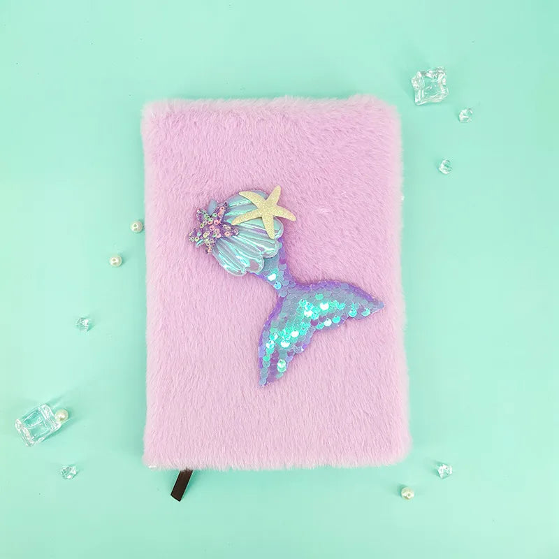 Mermaid Tail Shiny Sequin Plush Notebook A5 Size 80 Pages Cute Cartoon Style Memory Book Diary Gift For Girls