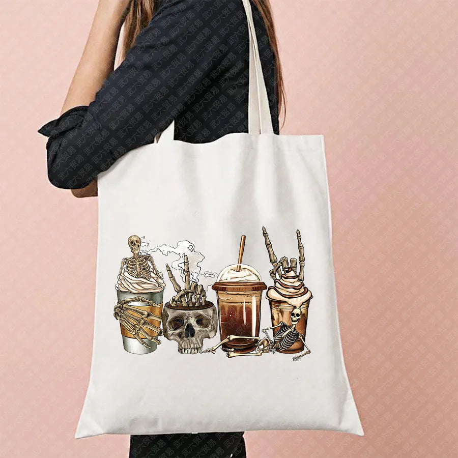 Scary Cat Halloween Pumpkin Pattern Canvas Tote Bag Reusable Shopping Bag Large Square Shape Double Shoulder Strap Tote Bag