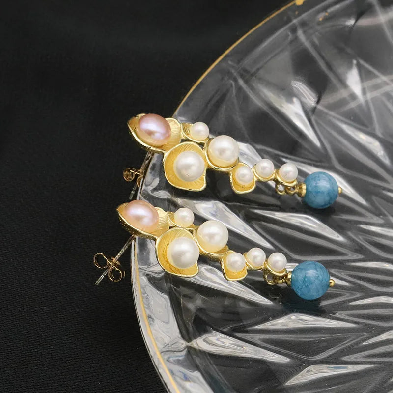 1 pair retro geometric plating freshwater pearl copper 18k gold plated drop earrings