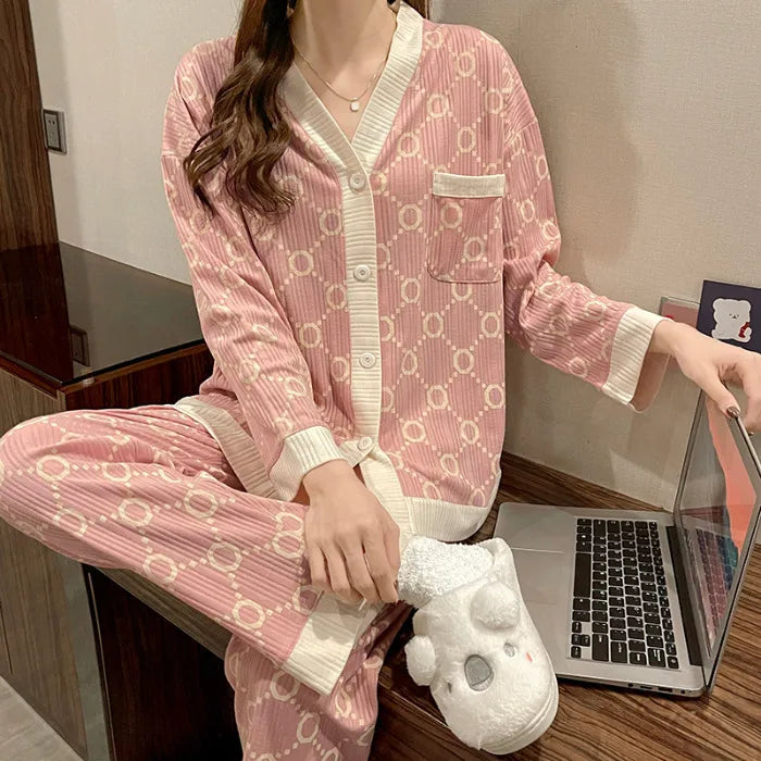 Spring Autumn Women's Long Sleeve Thin Casual Comfortable Home Clothes Set Polyester Milk Silk Medium Weight Sleepwear