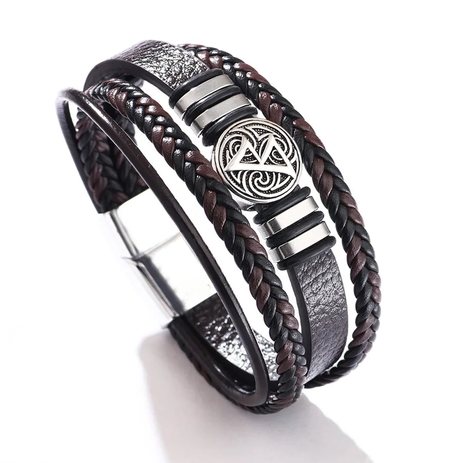 casual totem symbol pu leather alloy knitting men's wristband