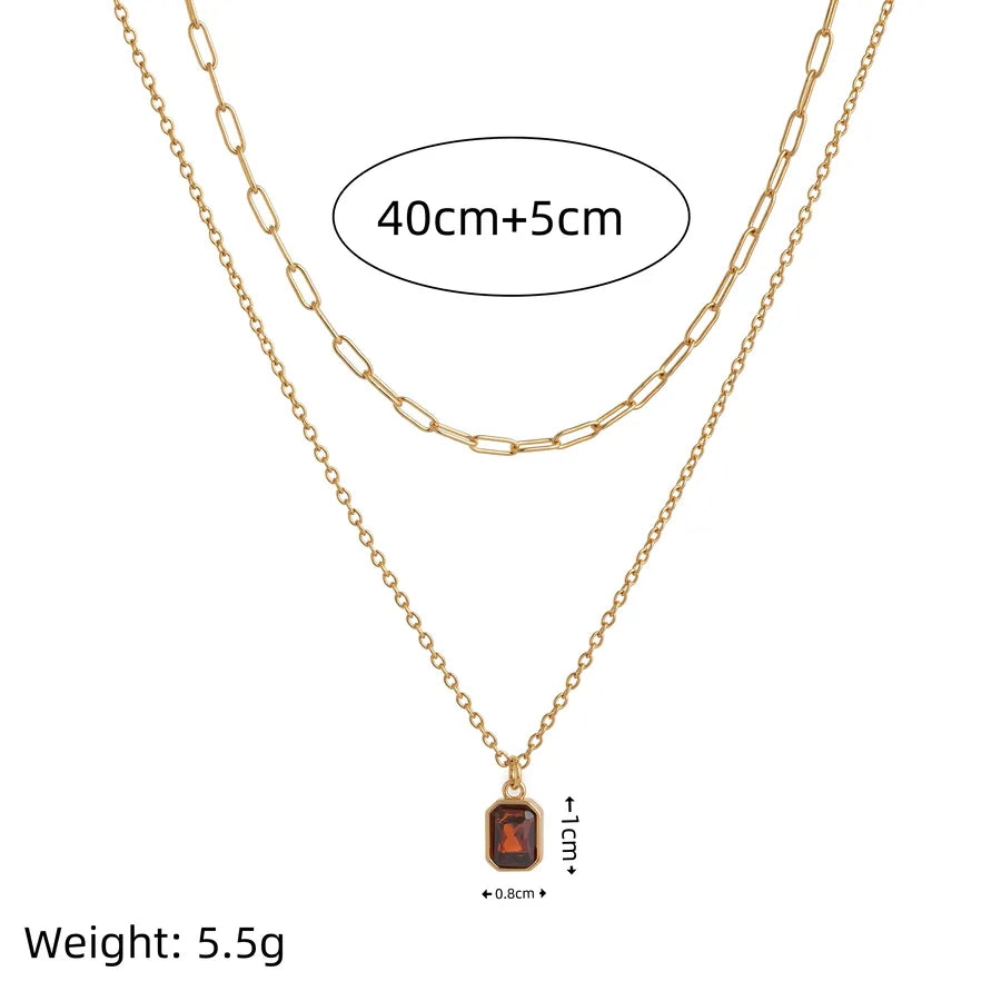 Wholesale Jewelry Lady Simple Style Shiny Rectangle 304 Stainless Steel Zircon 18K Gold Plated Paperclip Chain cable chain Double Layer Necklaces
