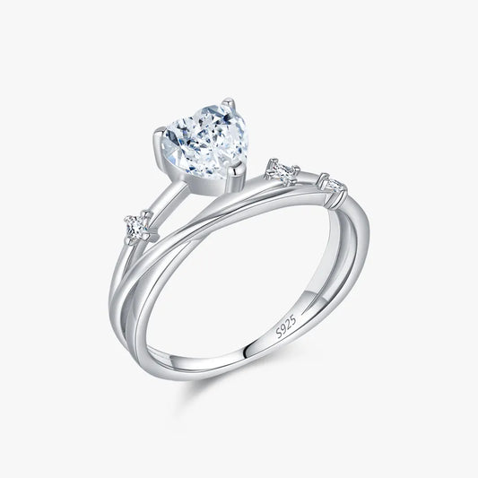 0.8 Karat Moissanite 925 Sterling Silver Rings GRA Certificate Heart-Shaped Cutting Geometric Heart Shape Lines Rhodium Plated Rings