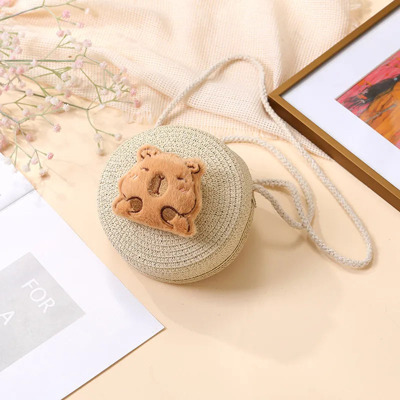 Summer Woven Bag  New Children's Cute Capibala Seaside Vacation Straw Woven Bag Crossbody Coin Purse