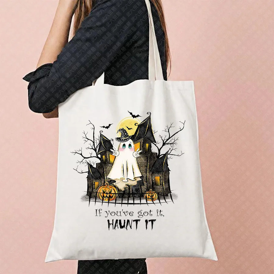 Halloween Movie Pattern Canvas Tote Bag Reusable Shopping Shoulder Bag Travel Large Square Printed Handbag Retro Style Women