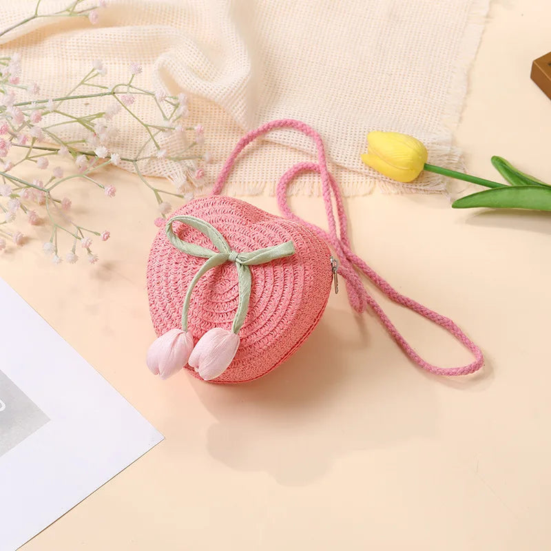 Summer Beach Seaside Tulip Straw Woven Bag  New Children Flower Straw Bag Mobile Phone Crossbody Bag