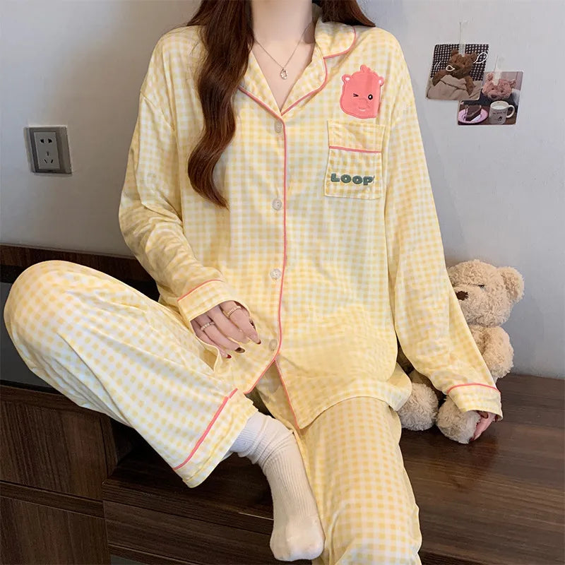 Sweet Heart Plaid Long Sleeve Sleepwear Set Women's Home Clothes Spring Autumn Season Polyester Milk Silk Thin Breathable Casual