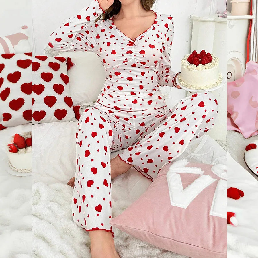 Ladies Fashion Heart Print Home Clothes Set V-neck Long Sleeve Polyester Sleepwear Spring Autumn Collection