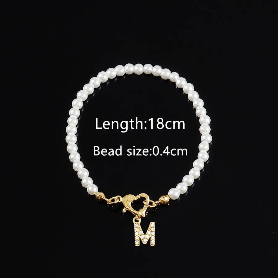 Elegant Classic Style Letter Heart Shape Zircon Artificial Pearl Copper Beaded Chain Beaded Bracelets Wholesale