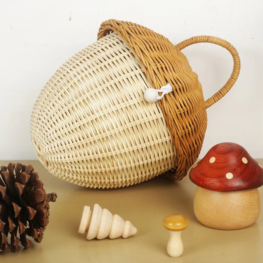 Woven Acorn Handbag Handmade Rattan Mushroom Storage Box Children's Toy Basket with Lid Storage Basket Photography Props