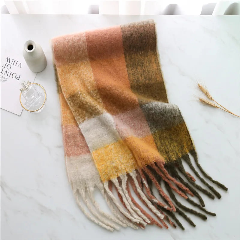 women's casual plaid imitation cashmere tassel scarf