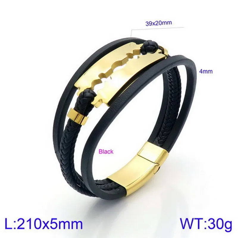 Hip-Hop Retro Color Block Pu Leather Titanium Steel Plating 18K Gold Plated Men's Bracelets