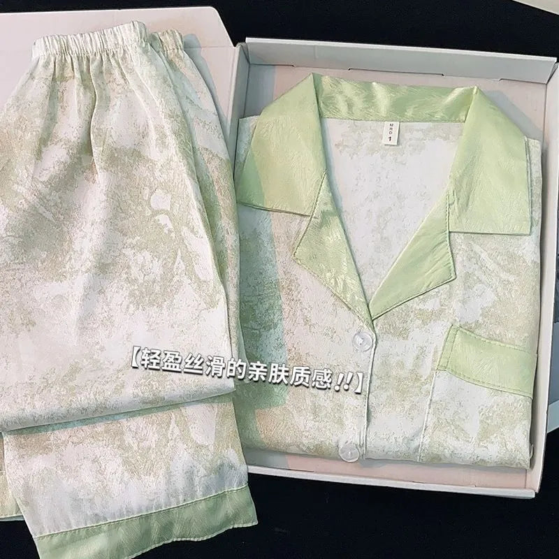 New Women's Silk Sleepwear Summer Simple Luxury Texture Sweet INS Home Clothes Set Pajamas Breathable Casual Sleepwear