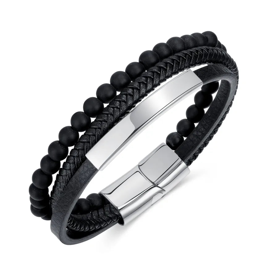 Simple Style Geometric 304 Stainless Steel Pu Leather Irregular Plating Men's Bracelets