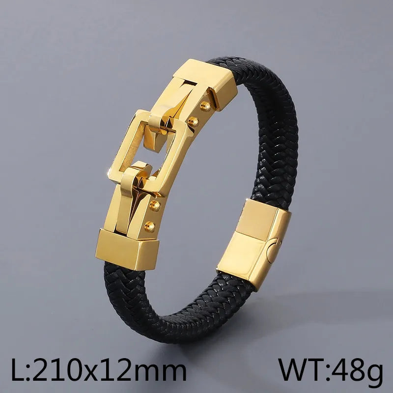 Simple Style Geometric Pu Leather Braid 18K Gold Plated Men's Bangle