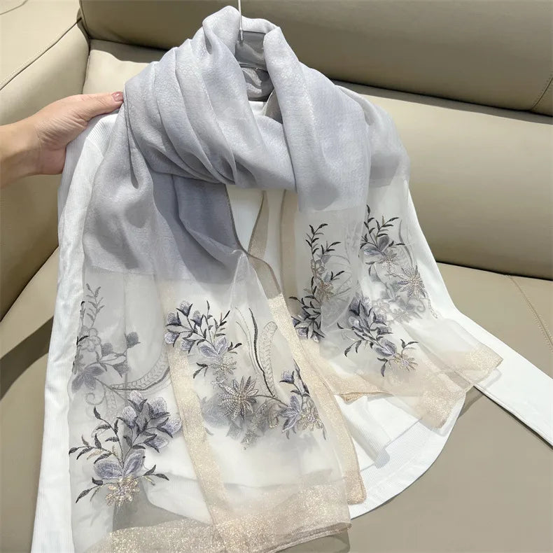 women's elegant flower polyester embroidery silk scarf