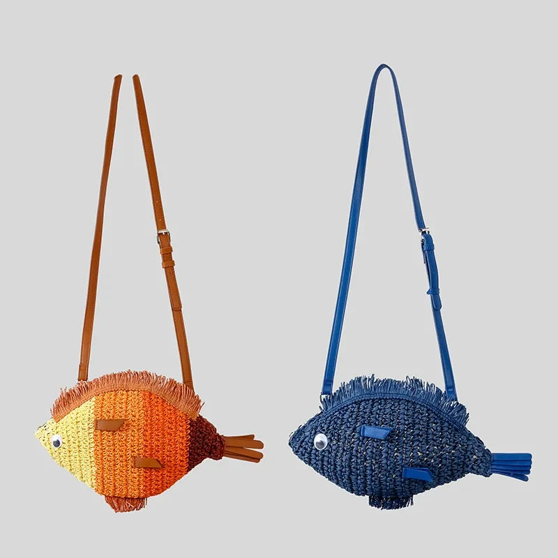 Women's Straw Color Block Fish Vacation Beach Weave Oval Zipper Straw Bag