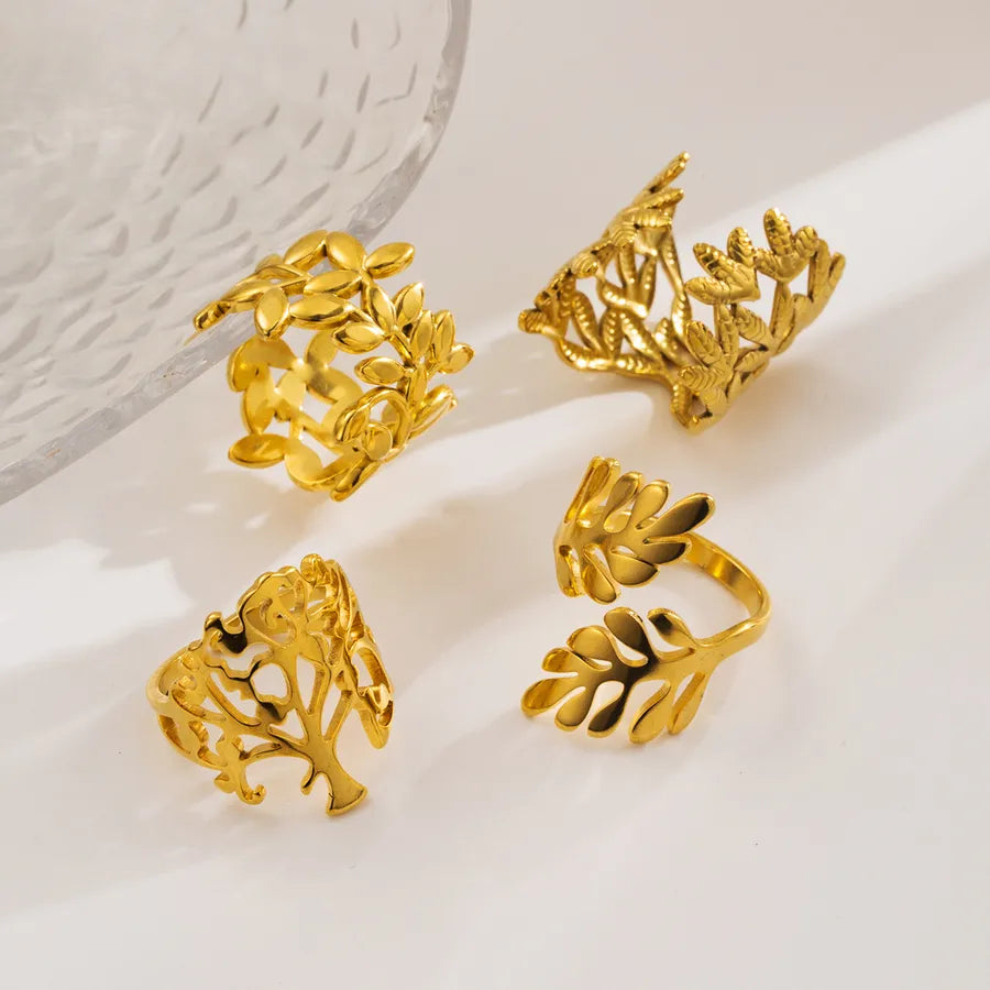 Wholesale Jewelry Retro Geometric Leaf 304 Stainless Steel Plating Open Rings