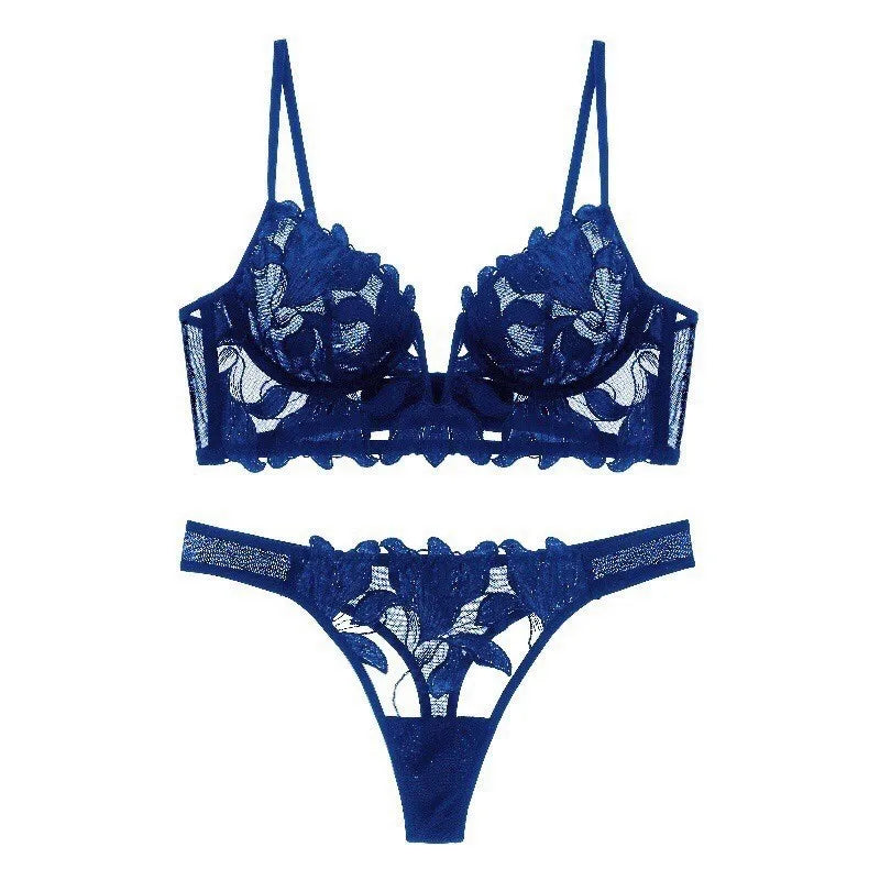 Sexy Deep V Embroidered Lace Underwear Women's Ultra-thin Large Chest Shown Small Gather-up Bra Suit Bra