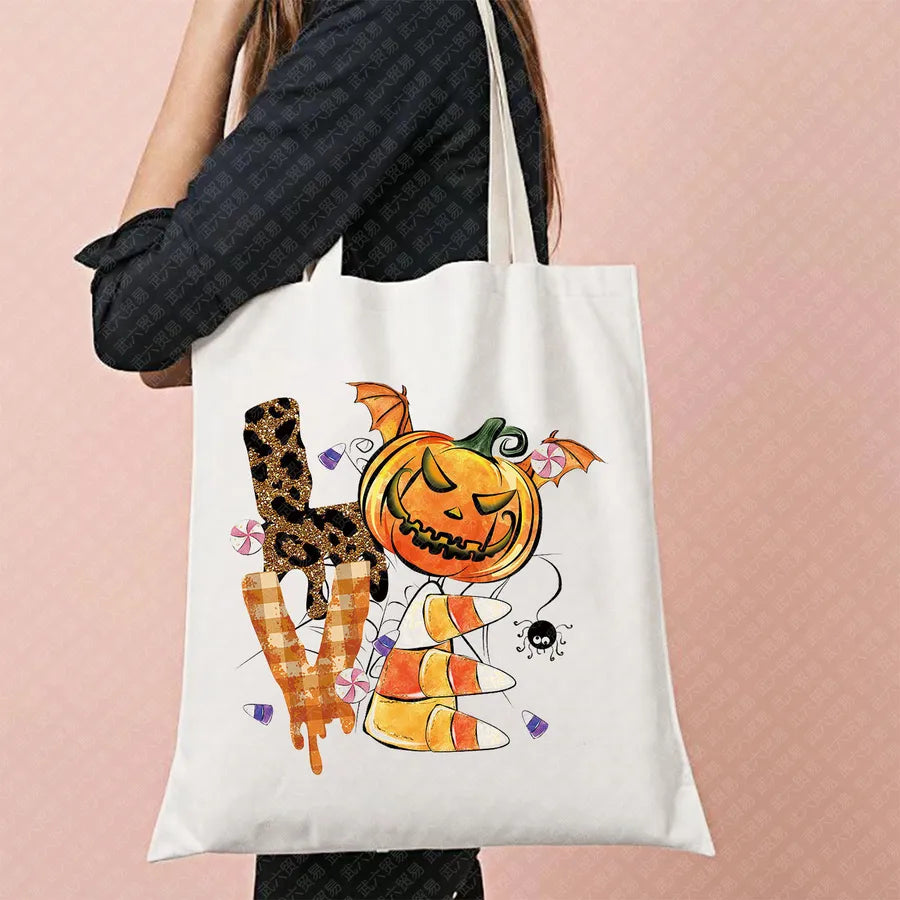 Halloween Witch Pattern Canvas Tote Bag Reusable Shopping Bag For Commuting Traveling Women Large Square Fashionable Bag