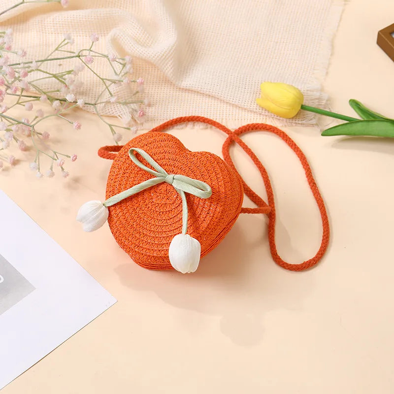 Summer Beach Seaside Tulip Straw Woven Bag  New Children Flower Straw Bag Mobile Phone Crossbody Bag