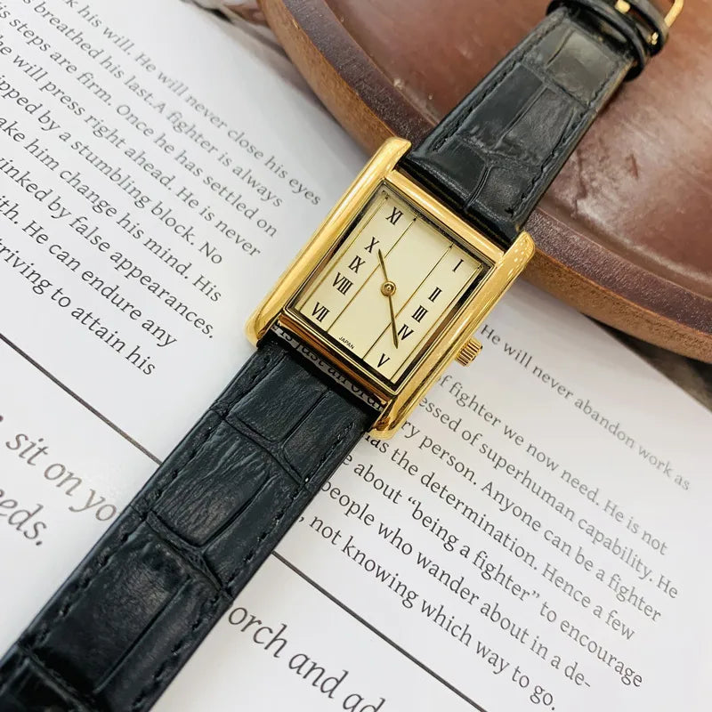 Gold Roman Scale Rectangular Vintage Style Women's Quartz Watch Stainless Steel Band Mineral Glass Face Pin Buckle Clasp