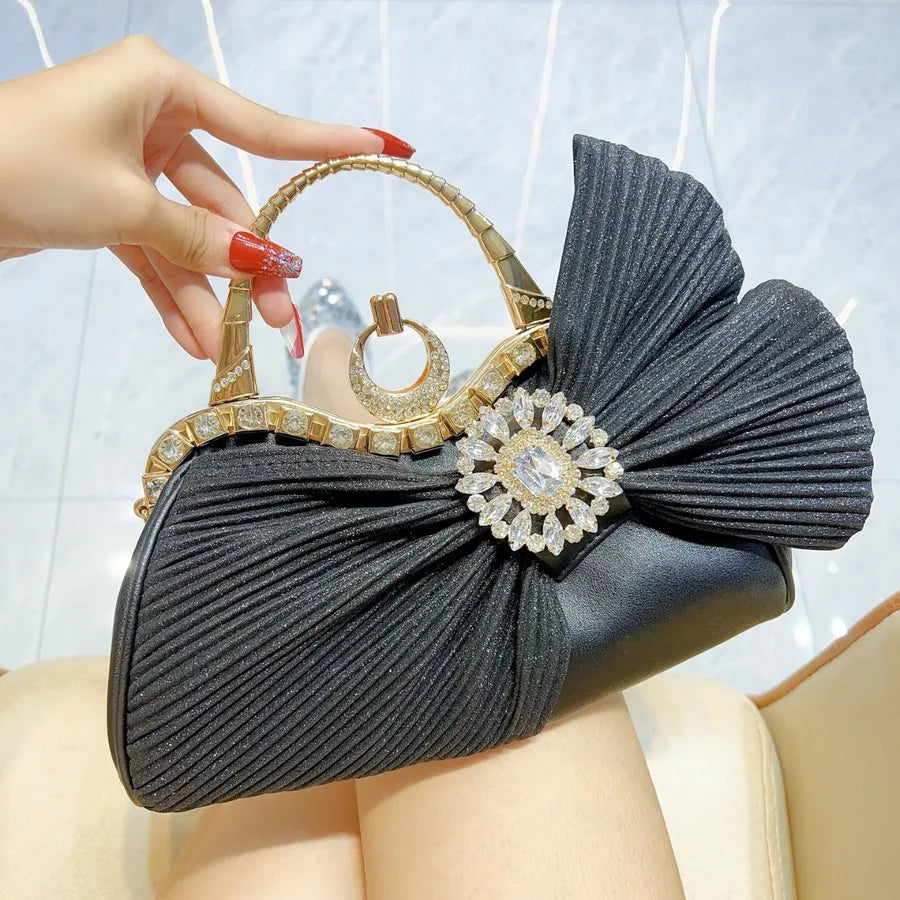 Pink Black Gold Pu Leather Bow Knot Ruched Bag Pillow Shape Evening Bags