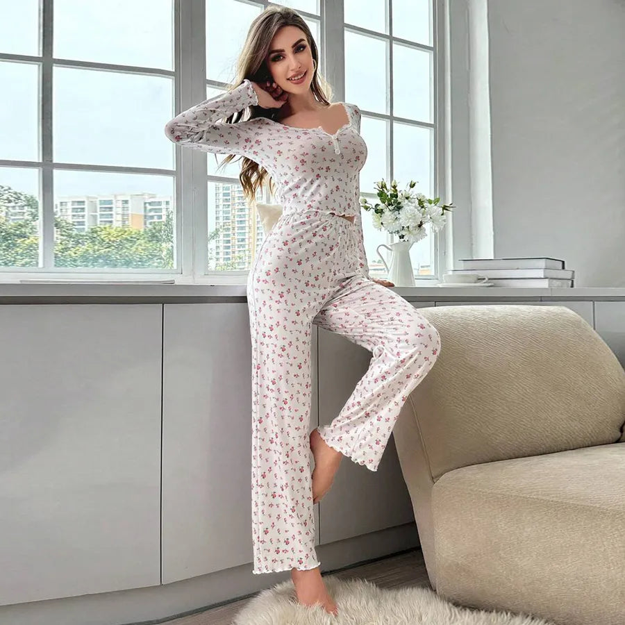 European Style Long Sleeve V-Neck Floral Print Sleepwear Set Women's Home Clothes With Cuffed Pants Thick Polyester Knitted Fabric