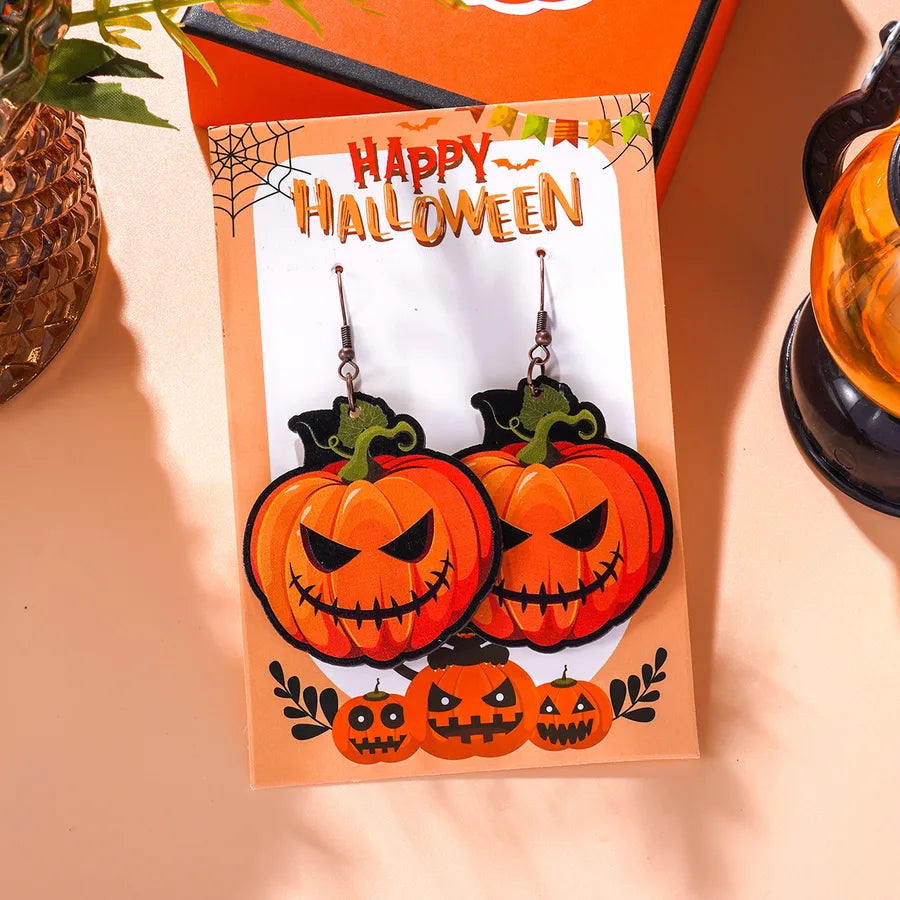 Creative Halloween Theme Wooden Pumpkin Spider Cat Earrings Quirky Cartoon Style Women's Simple Design Dangle Stud Earrings