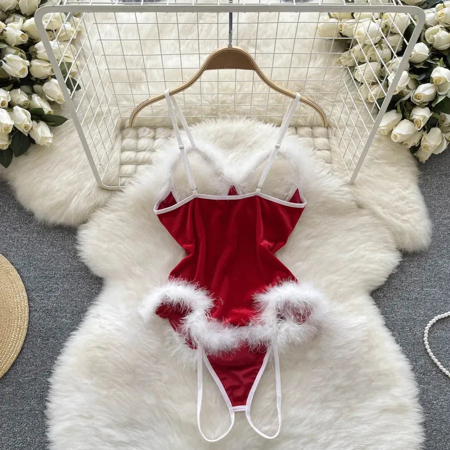 Women's Christmas Sexy Solid Color Sexy Lingerie Sets Party Jumpsuit Mid Waist Thong Sexy Lingerie
