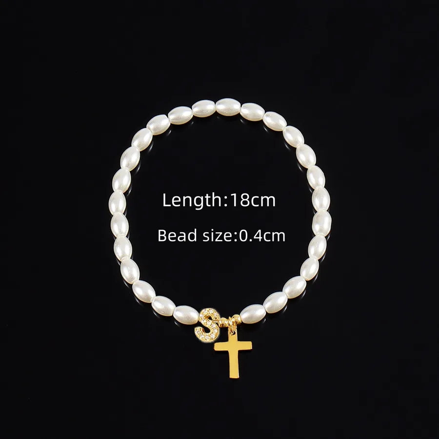 Simple Style Cross Letter 304 Stainless Steel Artificial Pearl Copper Beaded Chain Bracelets In Bulk