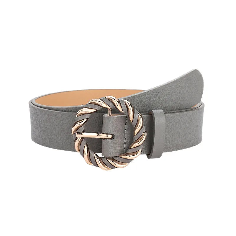 retro round solid color pu leather alloy women's leather belts