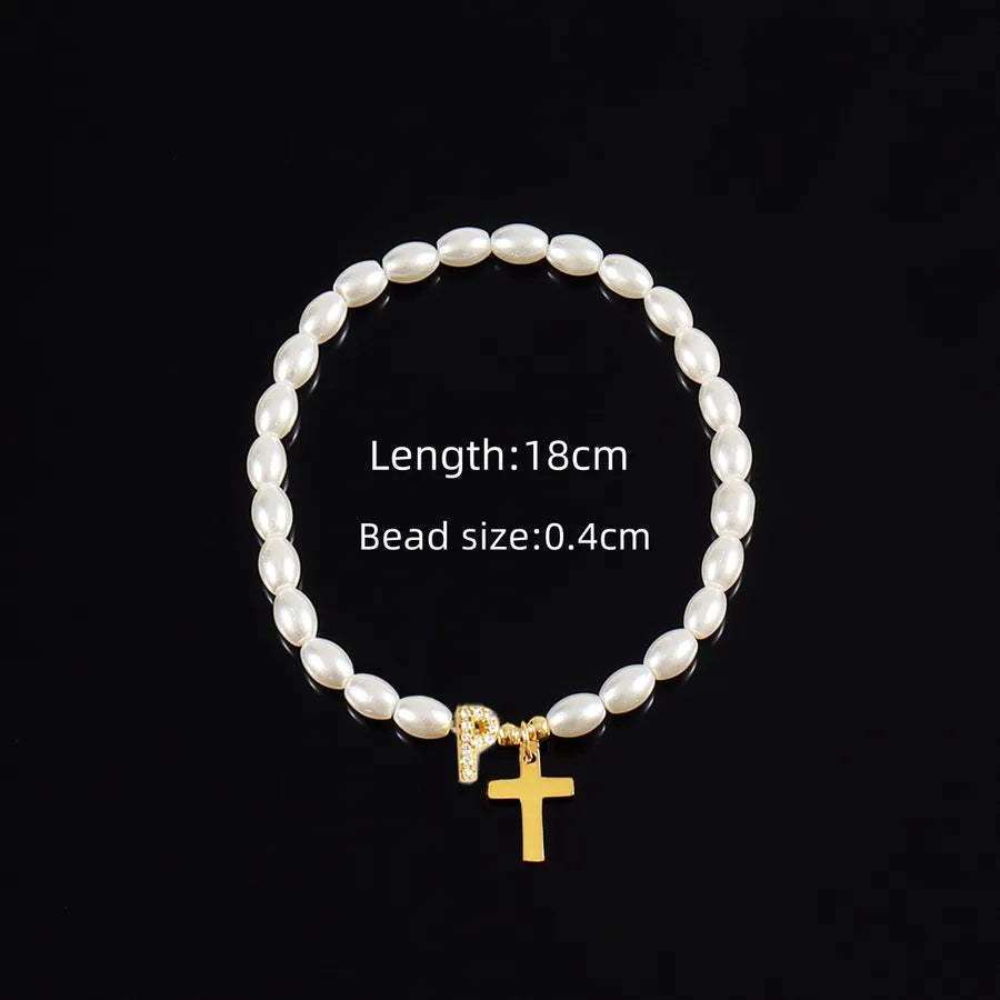 Simple Style Cross Letter 304 Stainless Steel Artificial Pearl Copper Beaded Chain Bracelets In Bulk