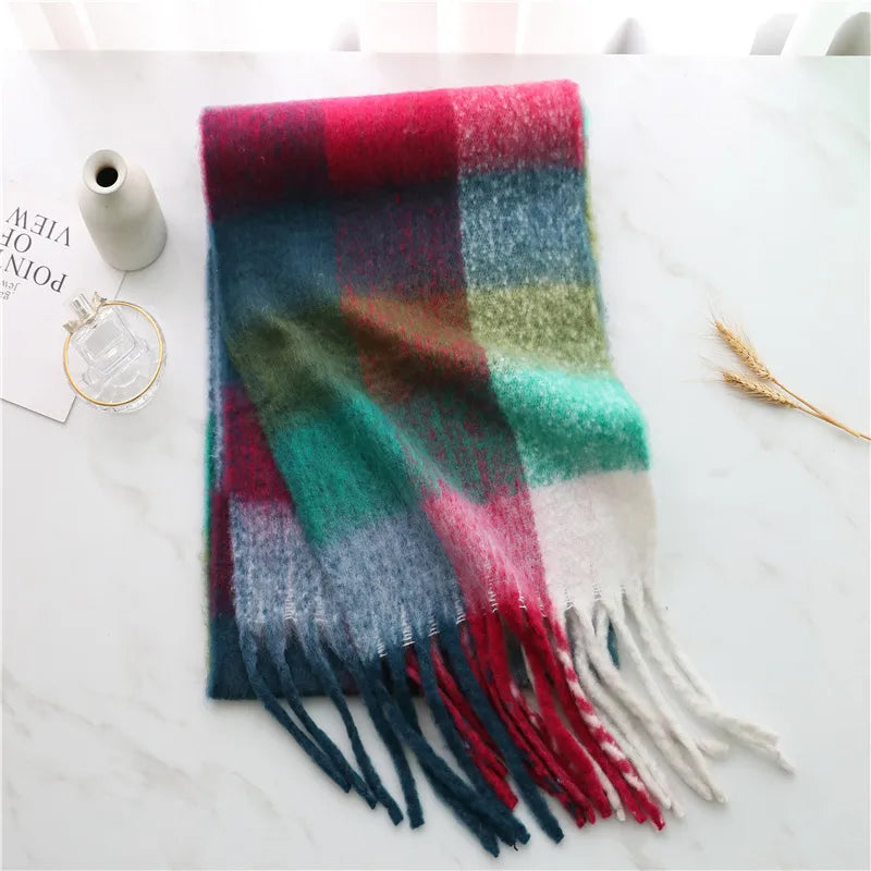 women's casual plaid imitation cashmere tassel scarf