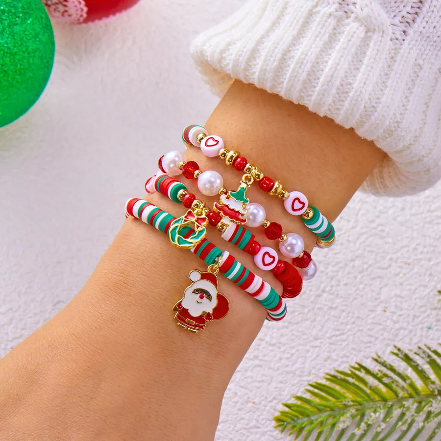 Christmas Themed Bracelet Set Snowflake Santa Pendant Elastic Rope Chain Adjustable Clasp Soft Ceramics Alloy Festive Jewelry