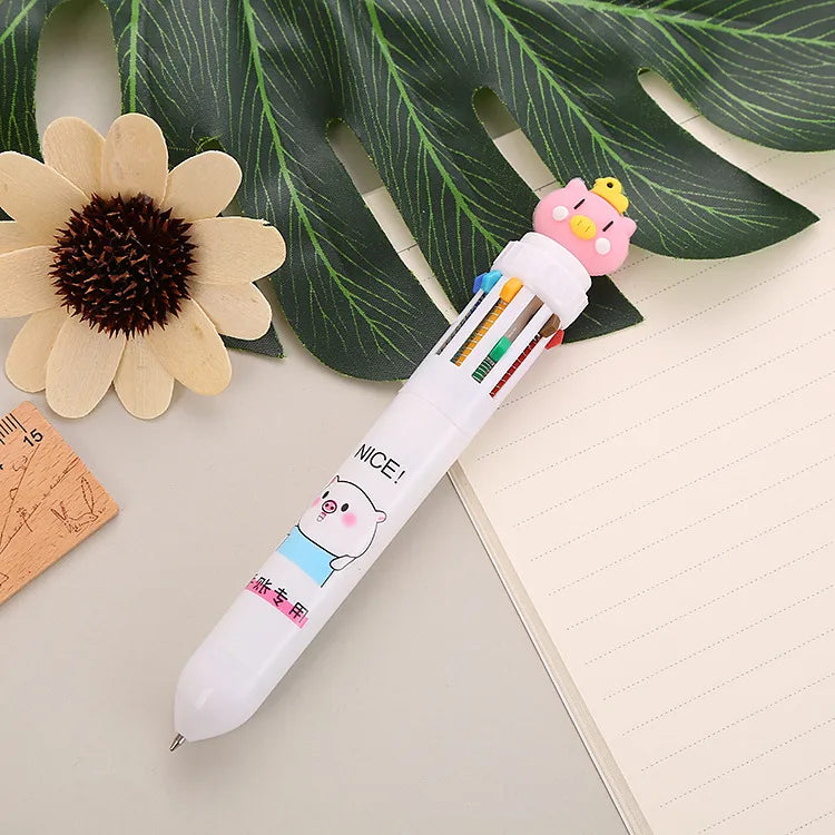 cartoon animal ten-color student stationery retractable ballpoint pen 1pcs