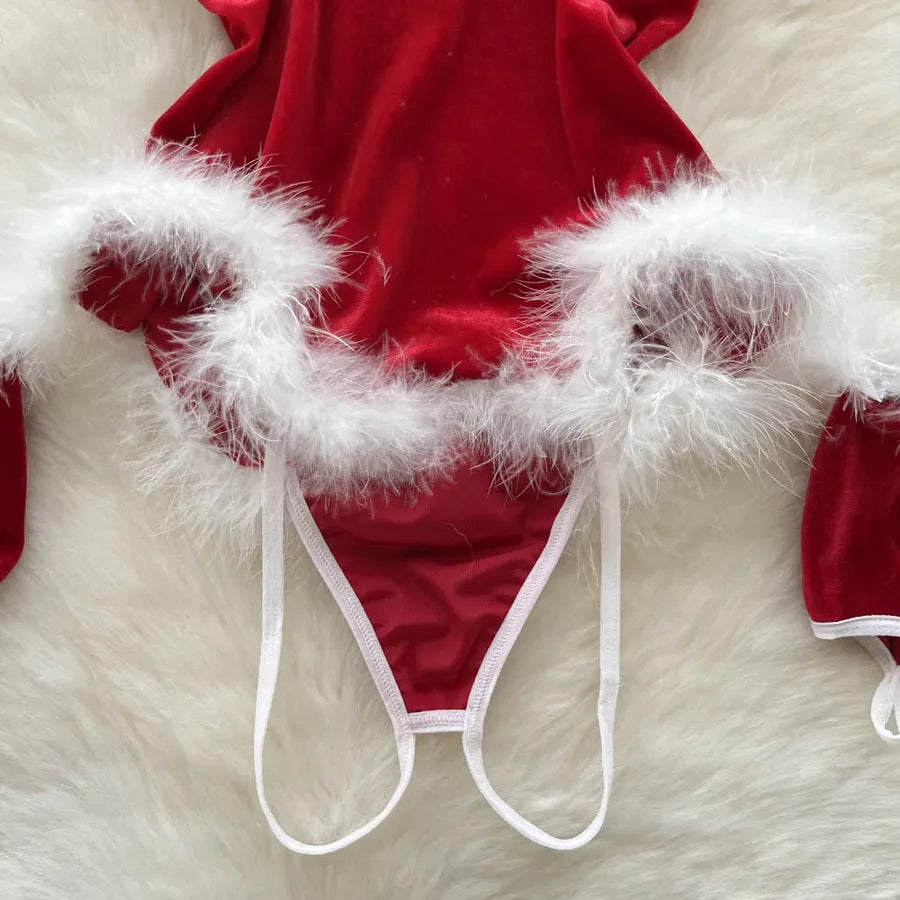 Women's Christmas Sexy Solid Color Sexy Lingerie Sets Party Jumpsuit Mid Waist Thong Sexy Lingerie