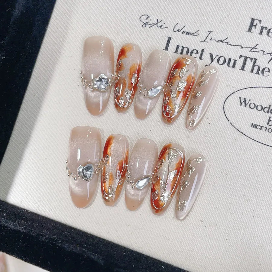 Handmade Cat Eye French Style Nail Tips Pure Hand Drawing Wearing False Nails Finished Product Luxury Sensation Autumn Winter New Arrival