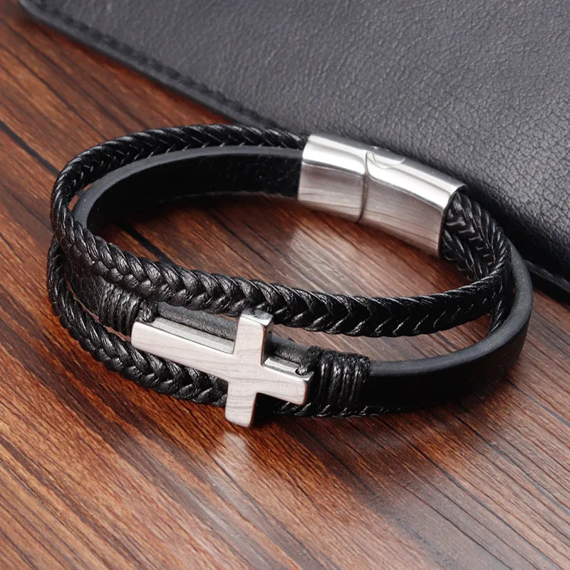 Leather Bracelet Stainless Steel Leather Braided Bracelets Cross Genuine Leather Multi-Layer Men's Jewelry L20267