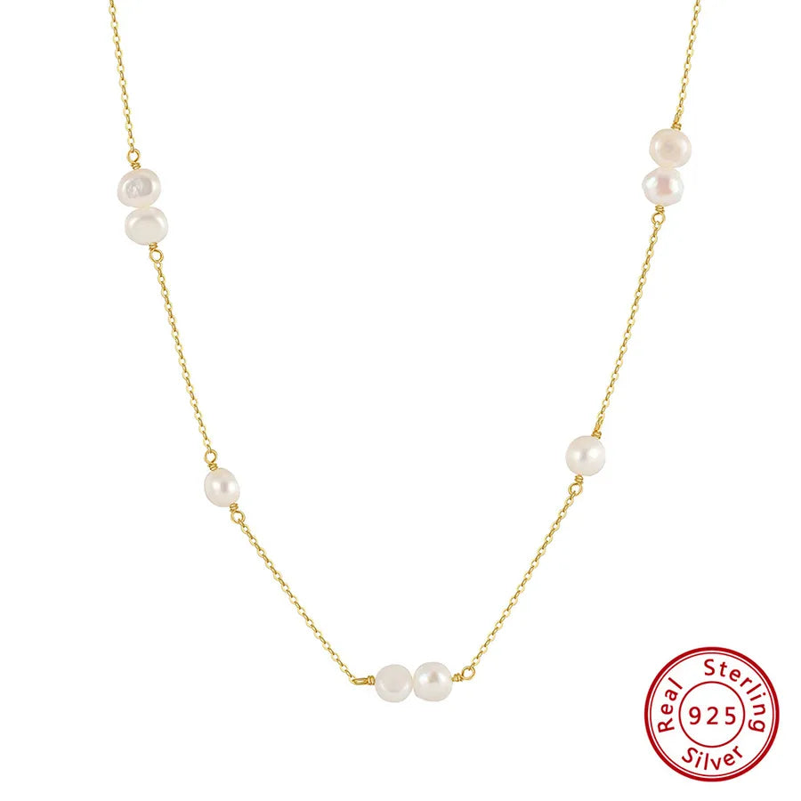925 Sterling Silver Freshwater Pearl cable chain Plating Geometric Double Layer Necklaces Pendant Necklace Necklace