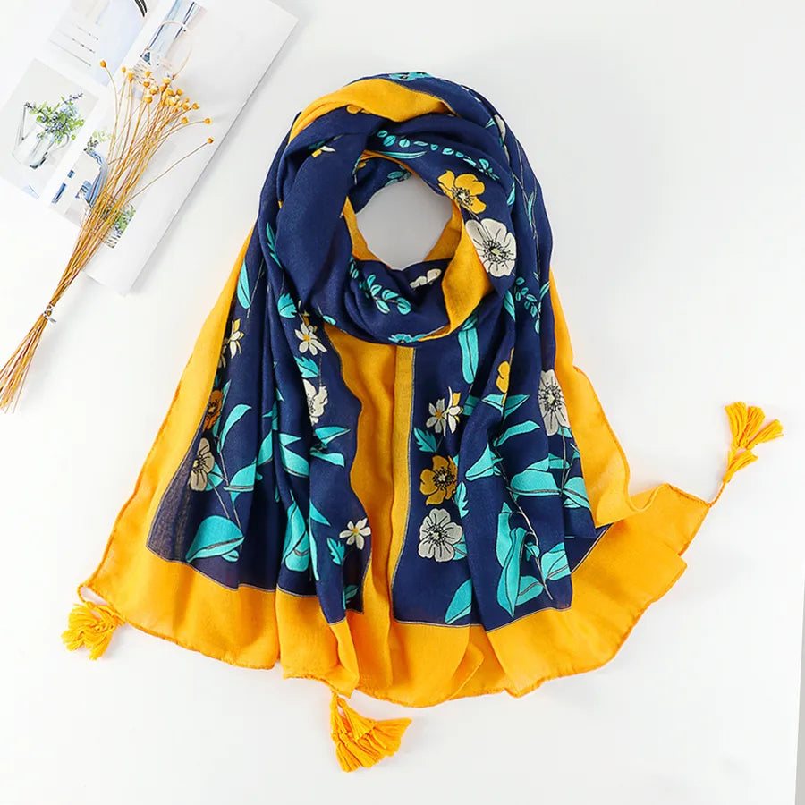 women's retro color block polyester printing scarf