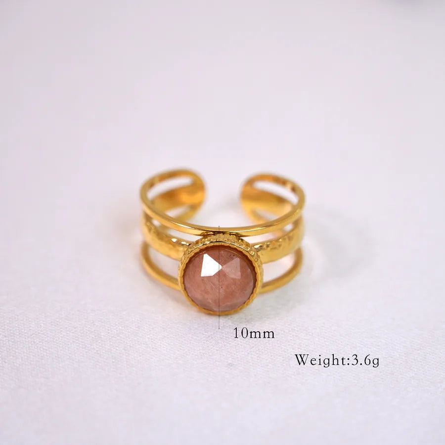 Retro French Style Geometric Titanium Steel 14K Gold Plated Natural Stone Open Rings In Bulk