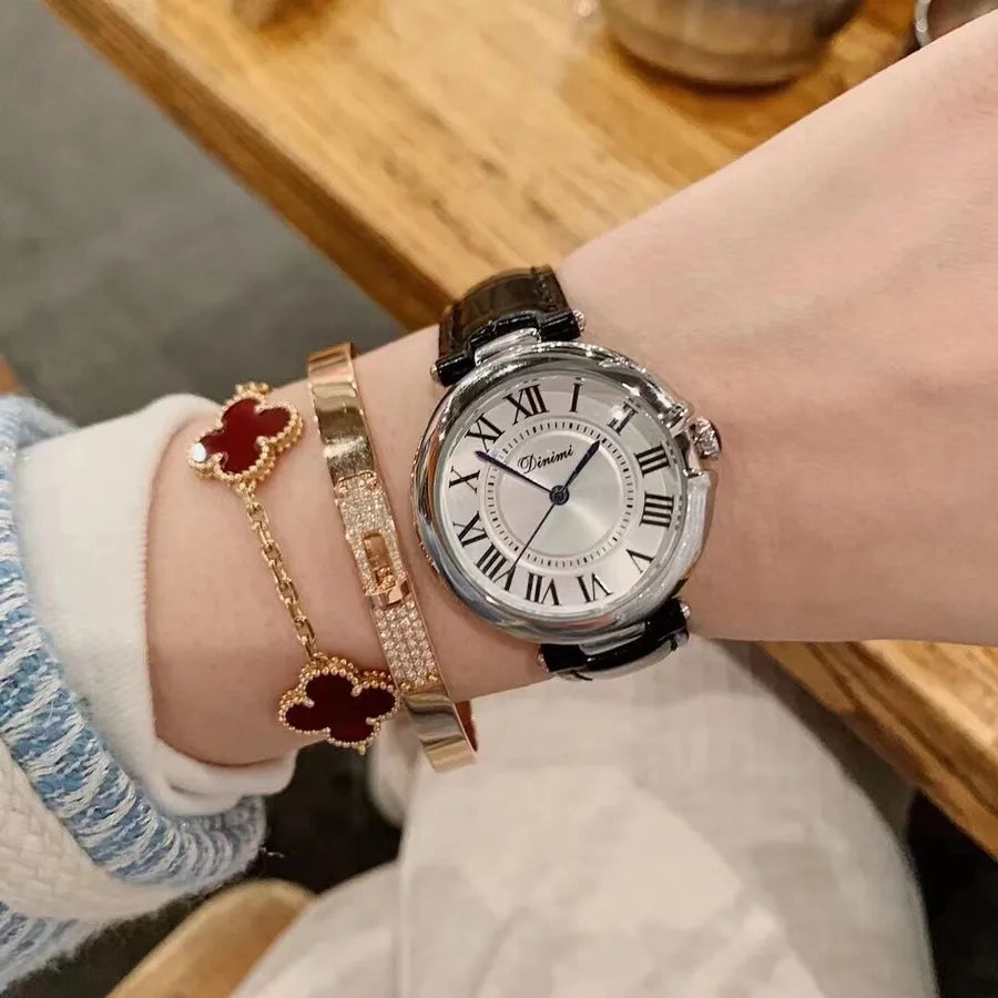 Dimini Couple Watches Genuine Leather Waterproof Men's Watch Simple Elegant Quartz Watch Mineral Strengthened Glass Mirror