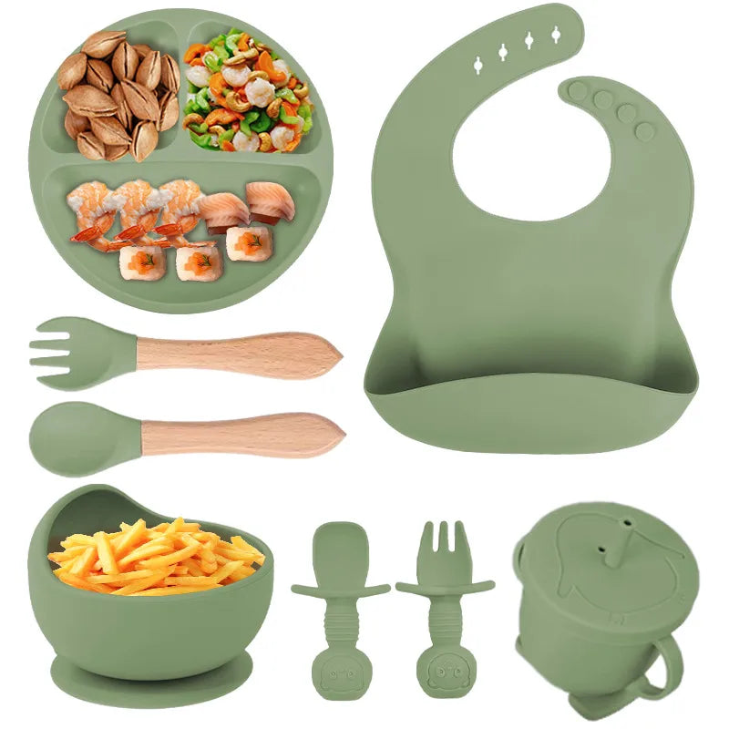 Baby silicone tableware suit baby learning to eat food supplement tableware self-eating sucker bowl integrated children's plate