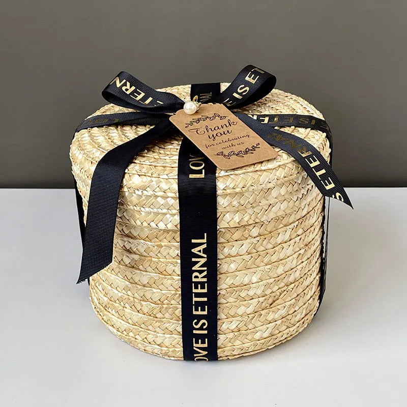 Round Straw Box with Lid Hug Bucket Rattan Hand Gift Box Baking Wedding  Storage Handmade Woven Box